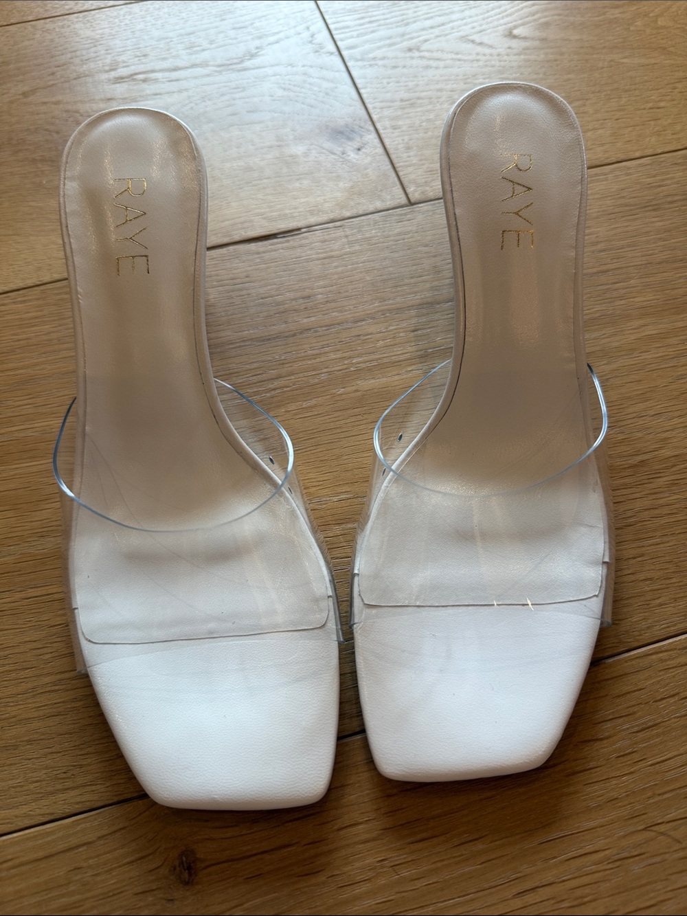 RAYE White Leather Slide Sandals with Clear Strap